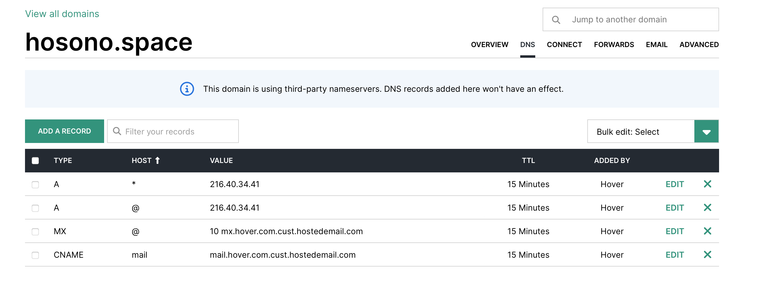 Hover.com domain DNS