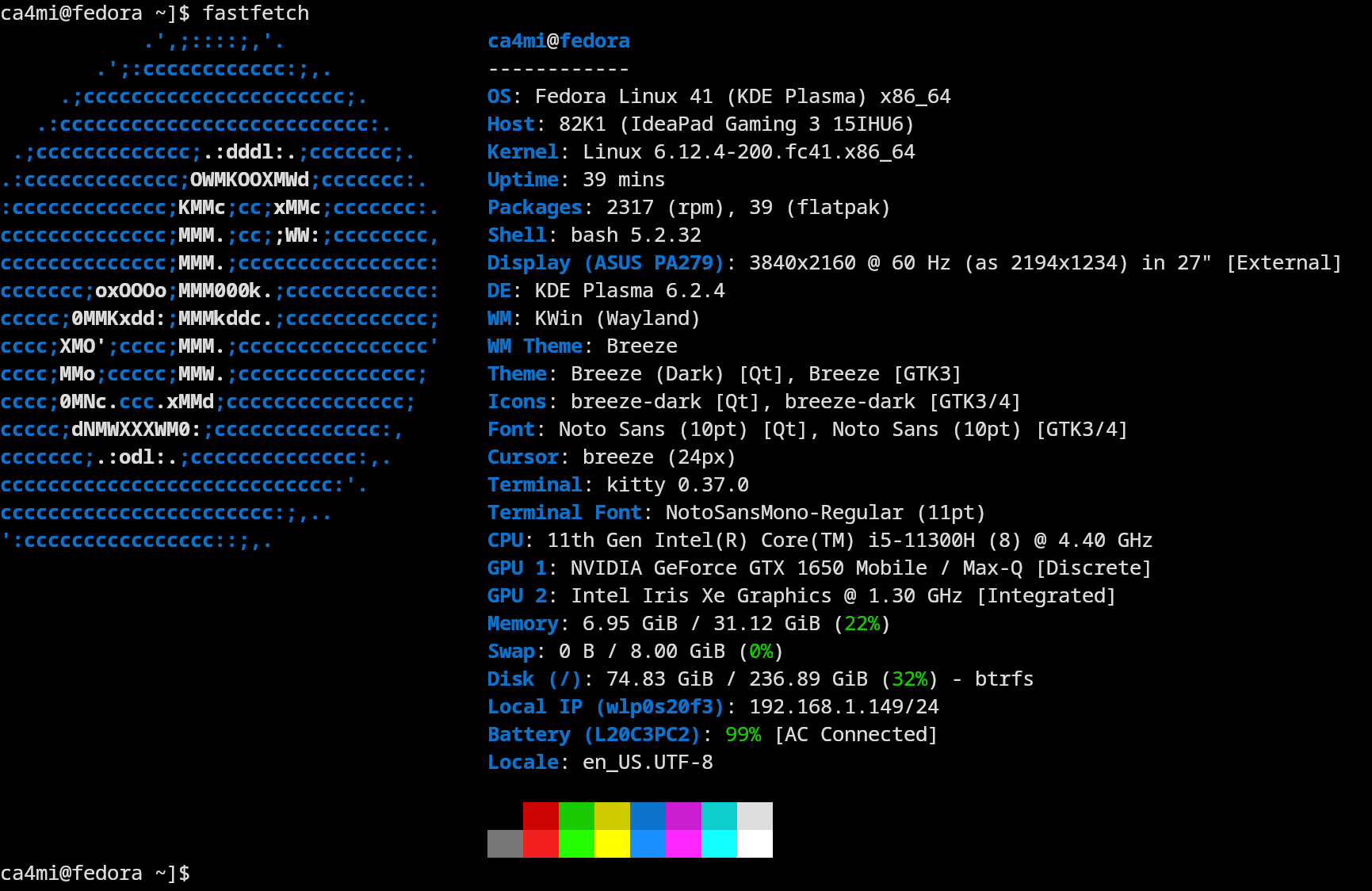 Fedora 41 KDE Plasma - fastfetch
